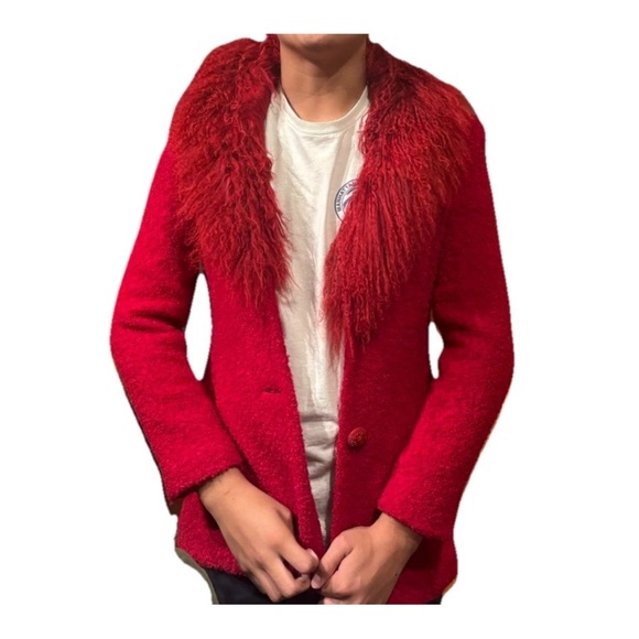 Vintage John Caruana Women's Red Mongolian Lamb Fur Trim Wool Winter Coat Size 4 - Picture 5 of 5